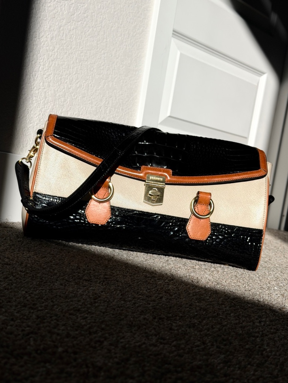 Vintage Brahmin Croc Embossed Leather Satchel Shoulder Bag Black Tan Colorblock